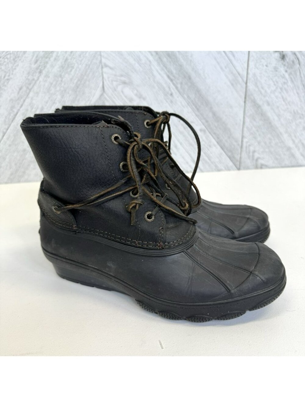 Sperry Top-Sider Saltwater Wedge Duck Boots Womens Size 7.5 Black Lace Up Ankle